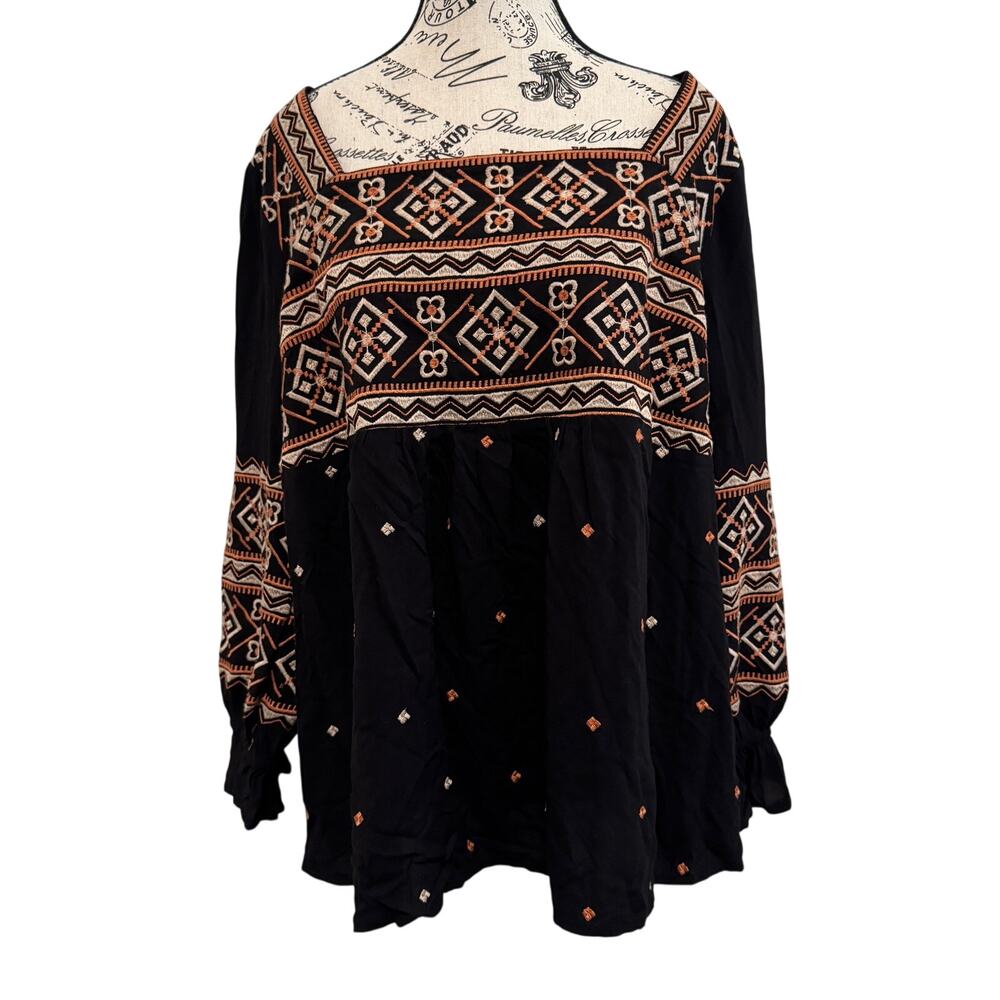 Savanna Jane Womens 2X Black Embroidered Peasant Top Boho Square Neck Rayon - Picture 10 of 11